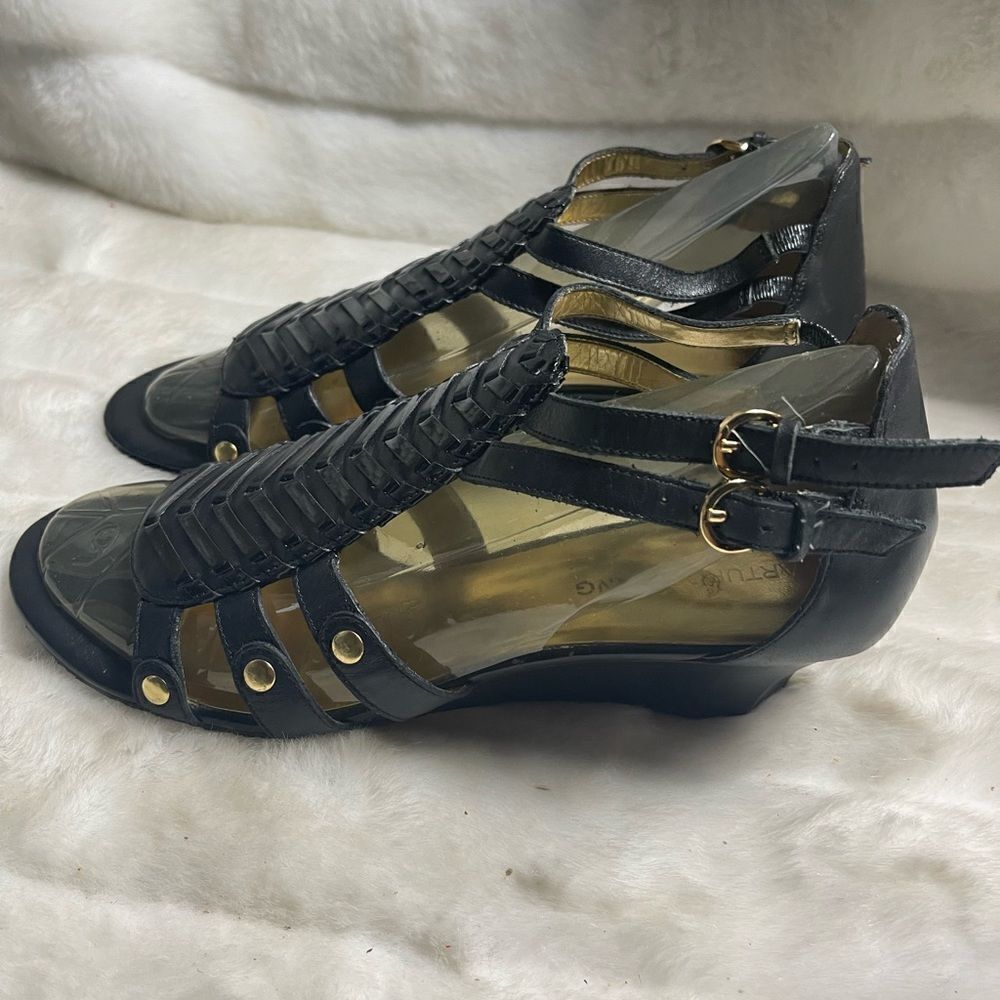 Arturo Chiang Leather black ankle straps wedge sandals SZ10M - Picture 4 of 12